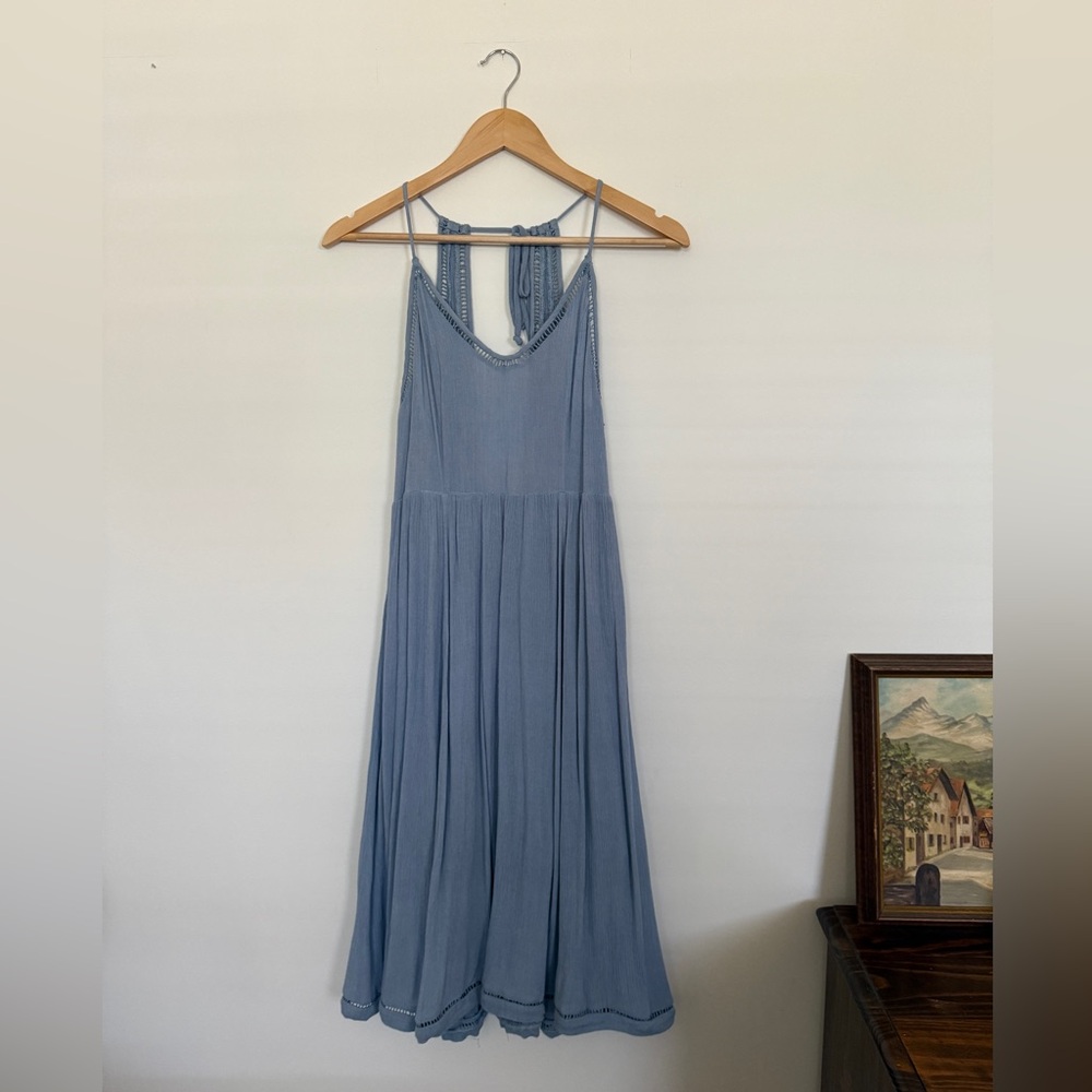Dusty Blue Gauze Midi Dress with Open Back - size S